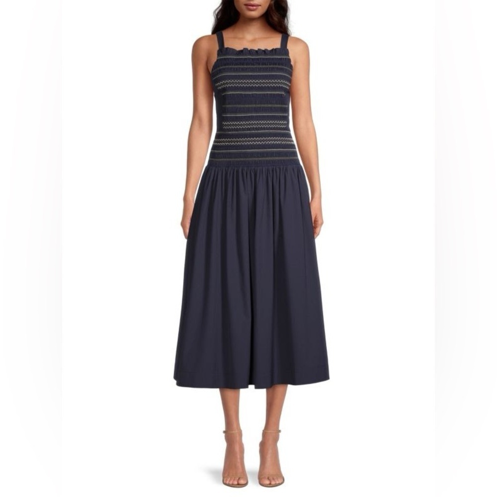 Jason Wu Smocked Drop Waist Midi Dress Navy Blue sz 14